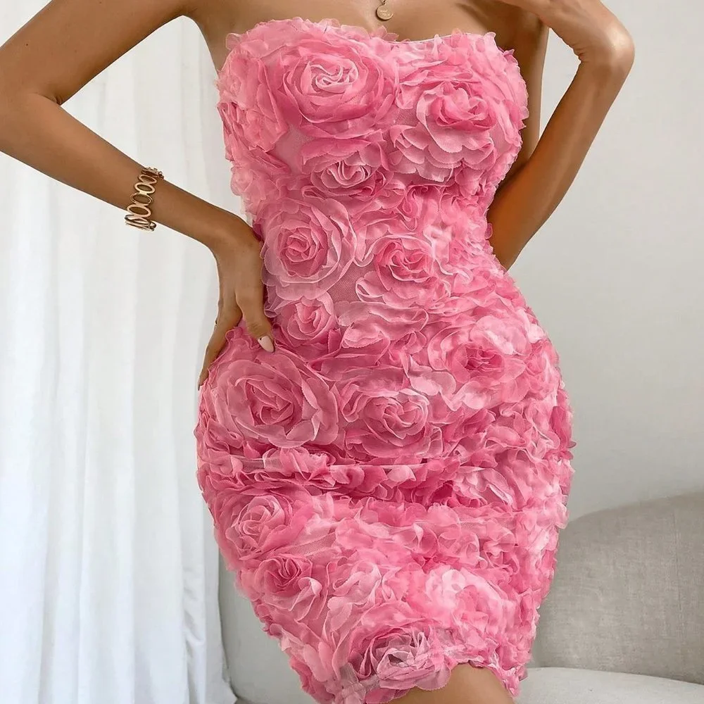 Pink Preppy Womens Floral Appliques Tube Bodycon Dress - Picture 1 of 8
